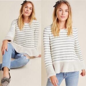 Maeve Anthropologie Astor Cream Gray Stripe Faux Fur Trim Sweater Top Size XS